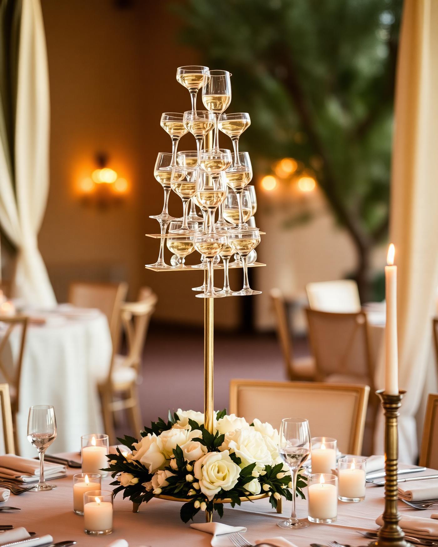 Champagne tower cascade at an intimate reception