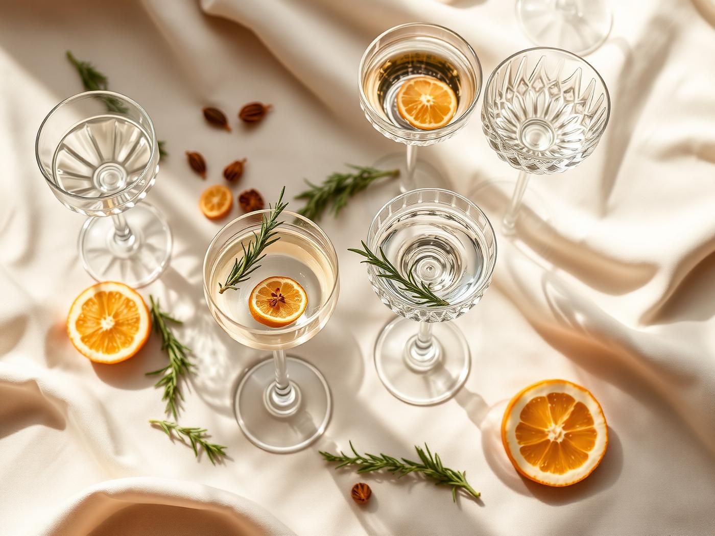 Editorial flat lay of premium crystal glassware on ivory linen