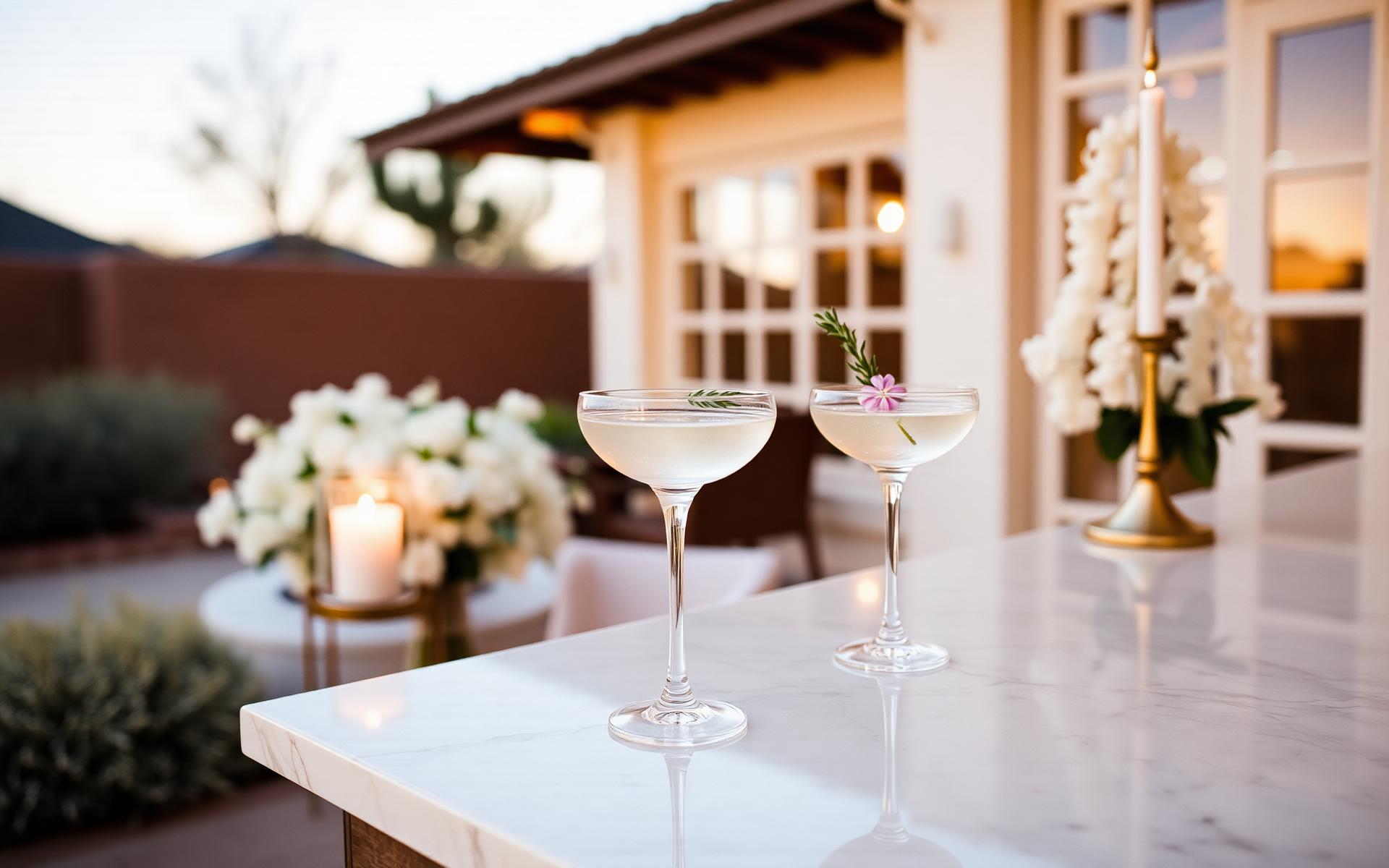 Signature cocktails and a bespoke menu card on a marble bar