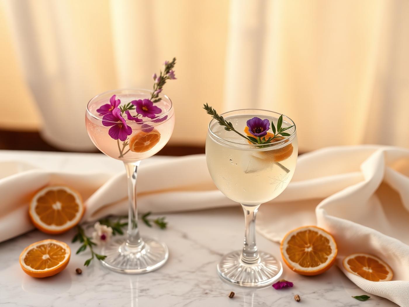 Two elegant mocktails with pressed florals and dehydrated citrus
