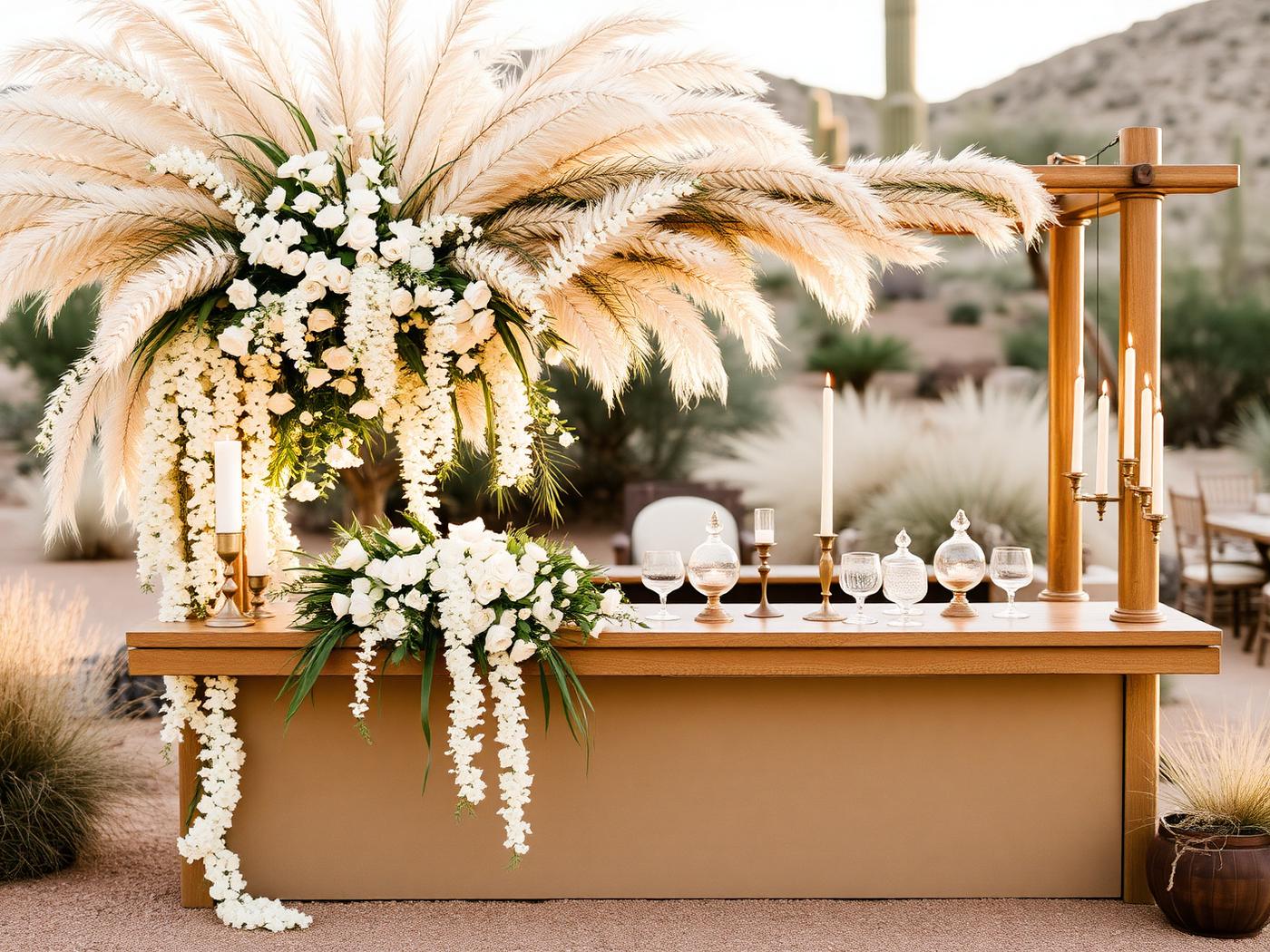 Ornately styled outdoor bar with pampas grass and cascading florals
