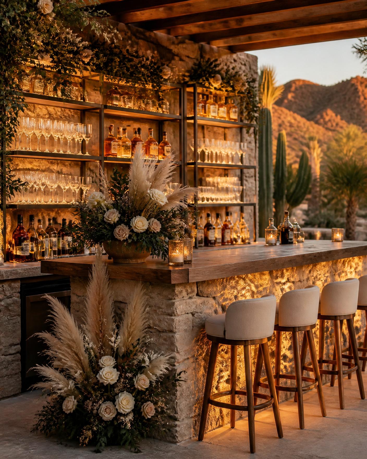Elegant stone and wood open-air bar at an Arizona desert estate reception