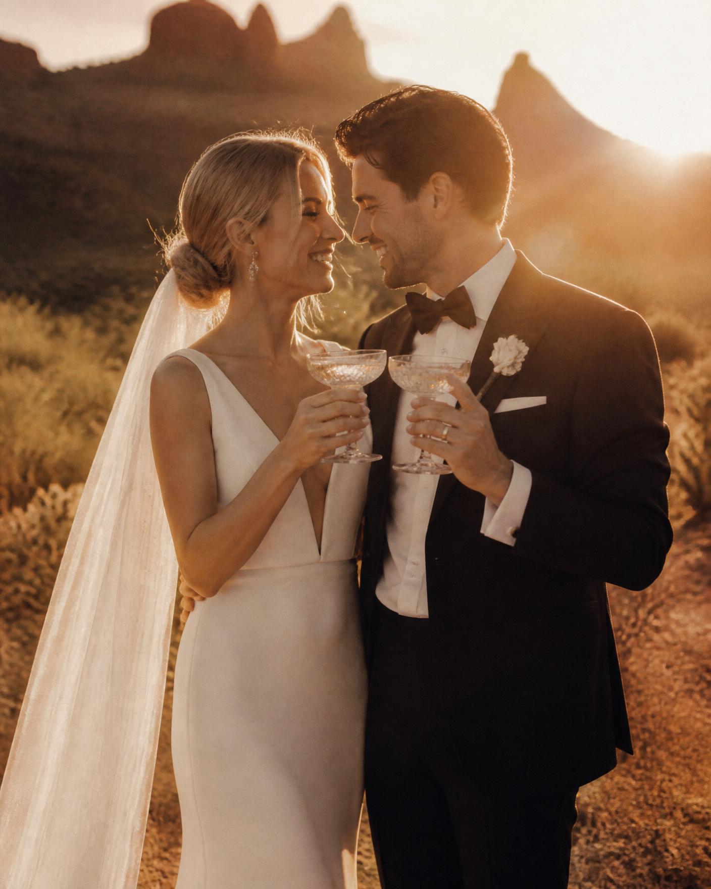 Bride and groom toasting at sunset